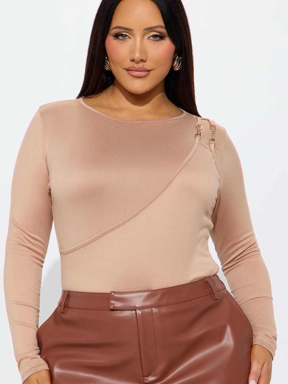 Fashion Nova Nude Twist Seam Long Sleeve Top with Gold Hardware
